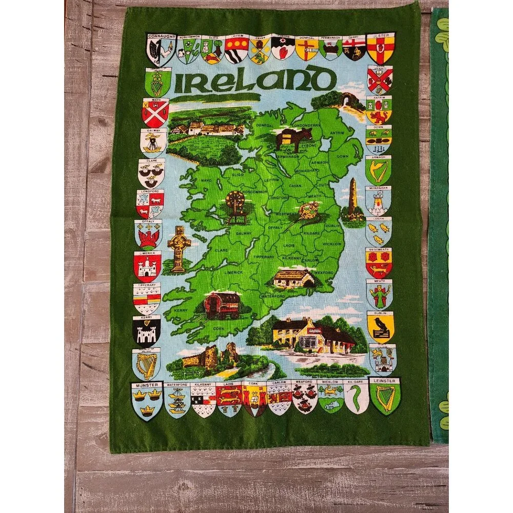 Irish Heritage Tea‎ Towels Set Of 2 With Map with Coat of Arms  & Icons Design